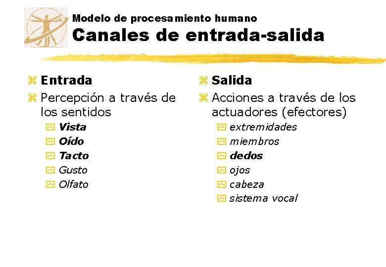 Modelo de procesamiento humano Canales de entrada-salida z Entrada z Percepción a través de Modelo de procesamiento humano Canales de entrada-salida z Entrada z Percepción a través de