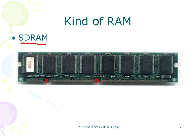 Kind of RAM • SDRAM Prepared by Bun khieng 27 