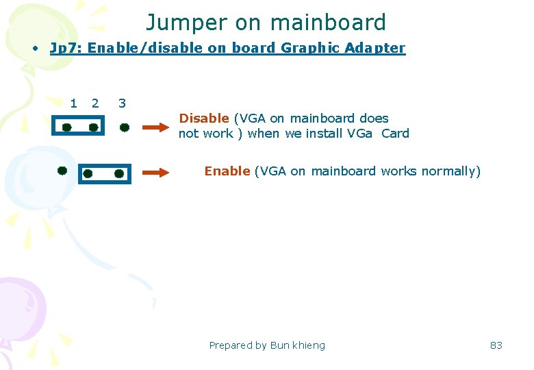 Jumper on mainboard • Jp 7: Enable/disable on board Graphic Adapter 1 2 3