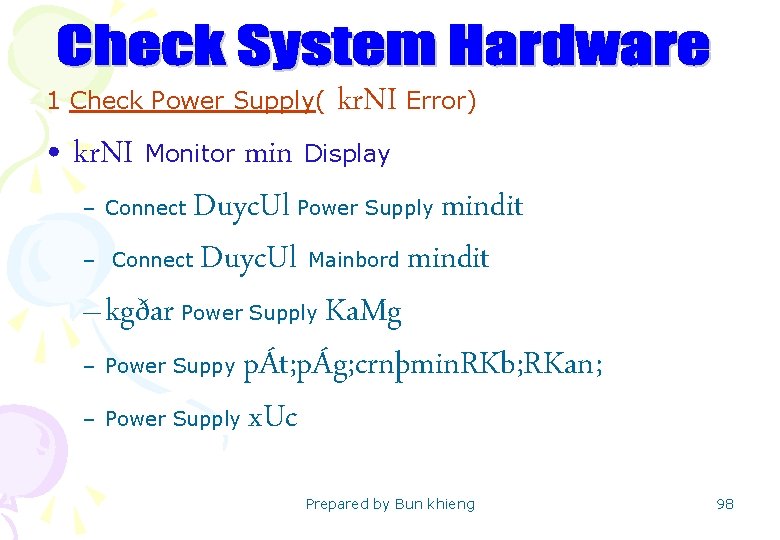 1 Check Power Supply( kr. NI Error) • kr. NI Monitor min Display –