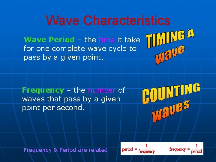 Wave Characteristics Wave Period – the time it take for one complete wave cycle