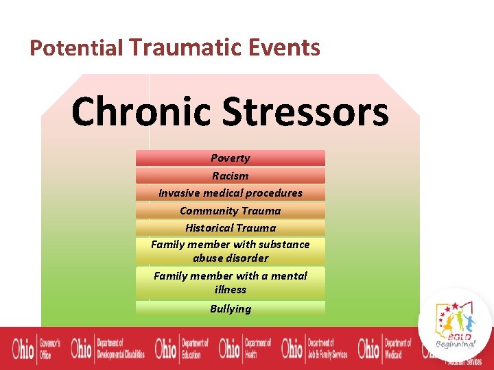 Potential Traumatic Events Chronic Stressors Poverty Racism Invasive medical procedures Community Trauma Historical Trauma