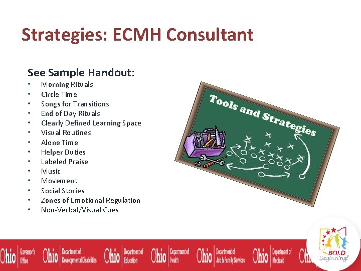 Strategies: ECMH Consultant See Sample Handout: • • • • Morning Rituals Circle Time