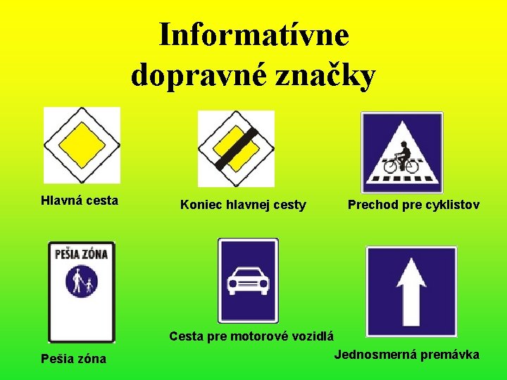 Informatívne dopravné značky Hlavná cesta Koniec hlavnej cesty Prechod pre cyklistov Cesta pre motorové