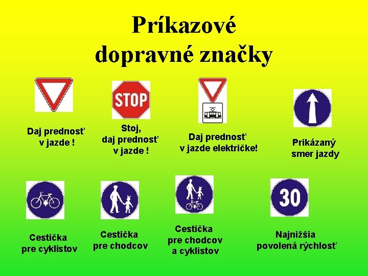 Príkazové dopravné značky Daj prednosť v jazde ! Cestička pre cyklistov Stoj, daj prednosť