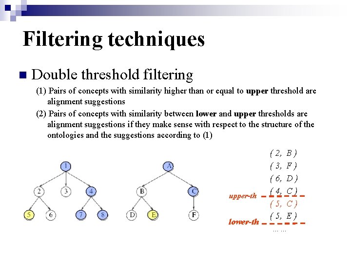 Filtering techniques n Double threshold filtering (1) Pairs of concepts with similarity higher than