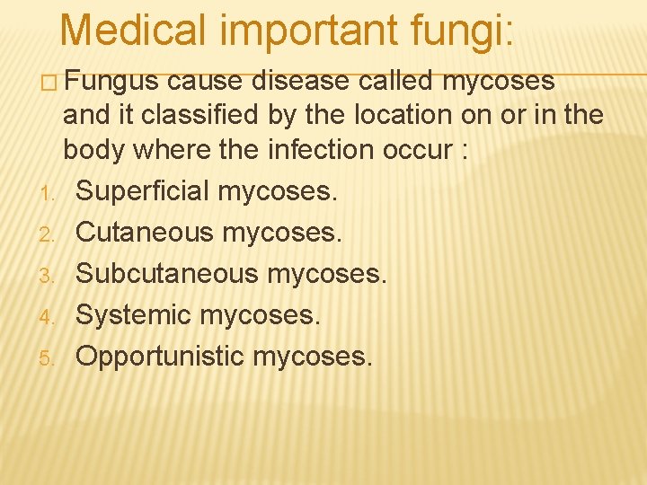 Medical important fungi: � Fungus cause disease called mycoses and it classified by the