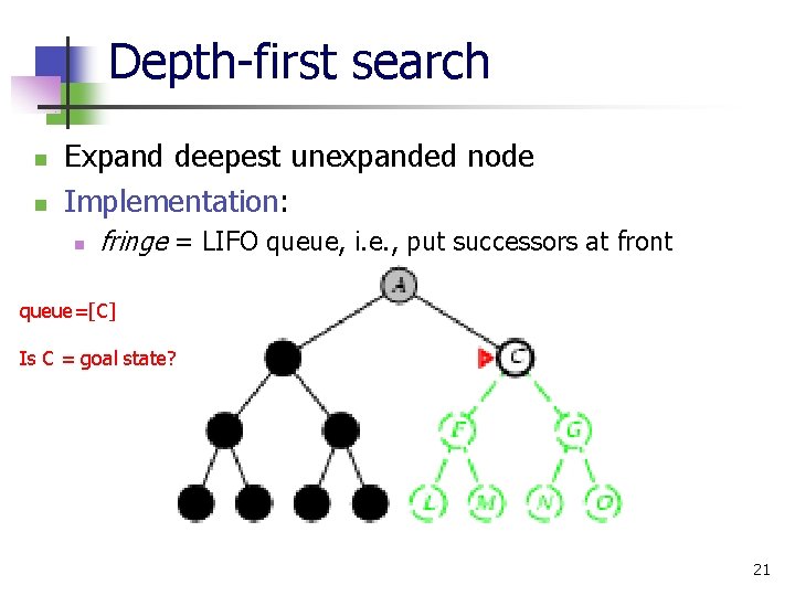 Depth-first search n n Expand deepest unexpanded node Implementation: n fringe = LIFO queue,