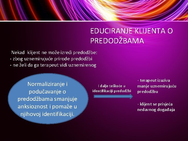 EDUCIRANJE KLIJENTA O PREDODŽBAMA Nekad klijent ne može izreći predodžbe: - zbog uznemirujuće prirode