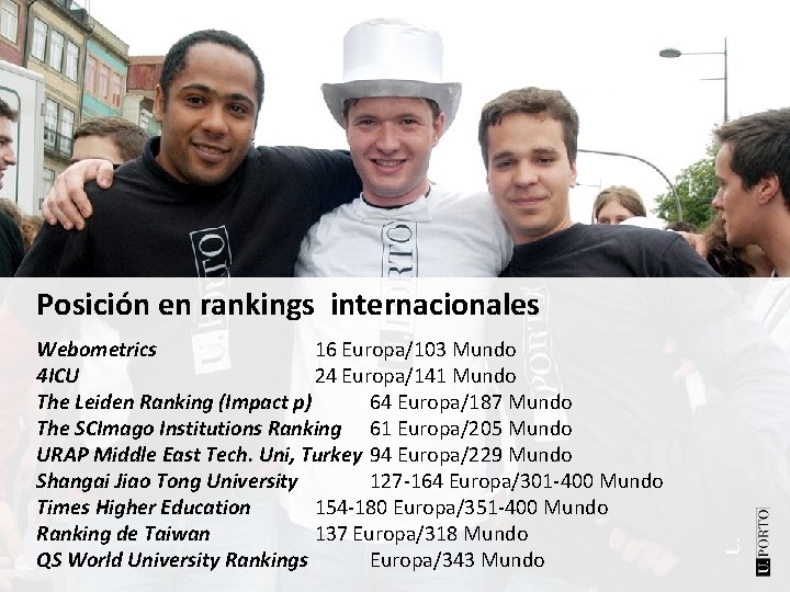 Posición en rankings internacionales Webometrics 16 Europa/103 Mundo 4 ICU 24 Europa/141 Mundo The