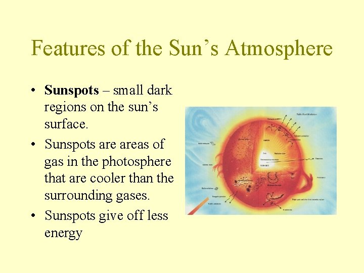 Features of the Sun’s Atmosphere • Sunspots – small dark regions on the sun’s