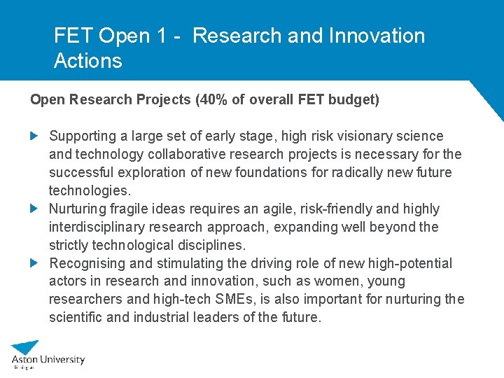 FET Open 1 - Research and Innovation Actions Open Research Projects (40% of overall
