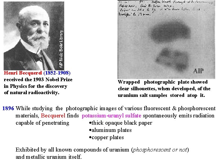 Henri Becquerel (1852 -1908) received the 1903 Nobel Prize in Physics for the discovery