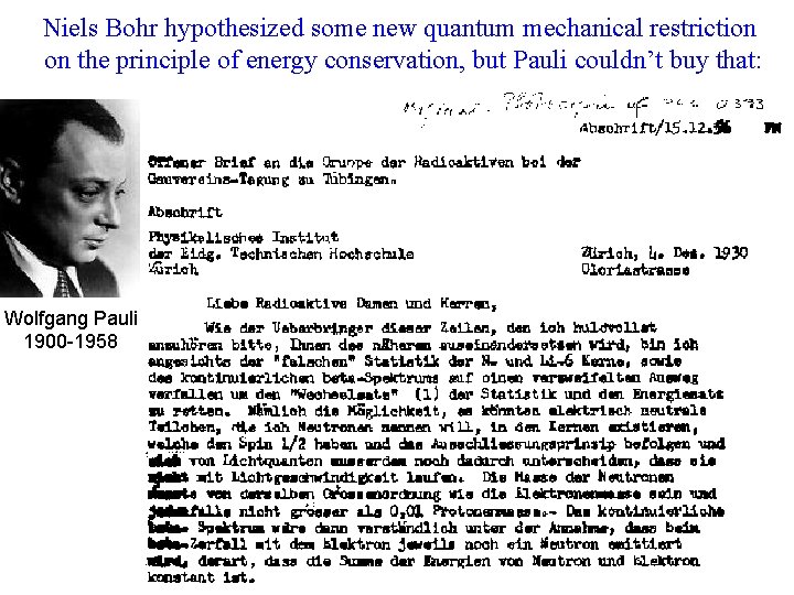 Niels Bohr hypothesized some new quantum mechanical restriction on the principle of energy conservation,