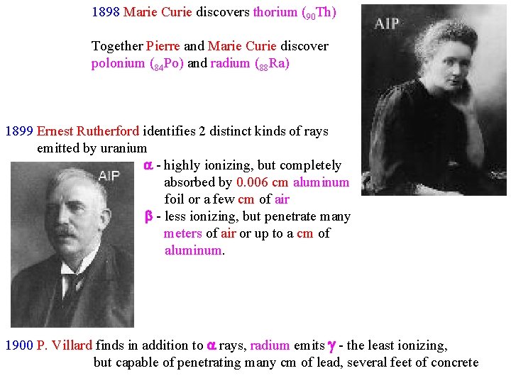 1898 Marie Curie discovers thorium (90 Th) Together Pierre and Marie Curie discover polonium