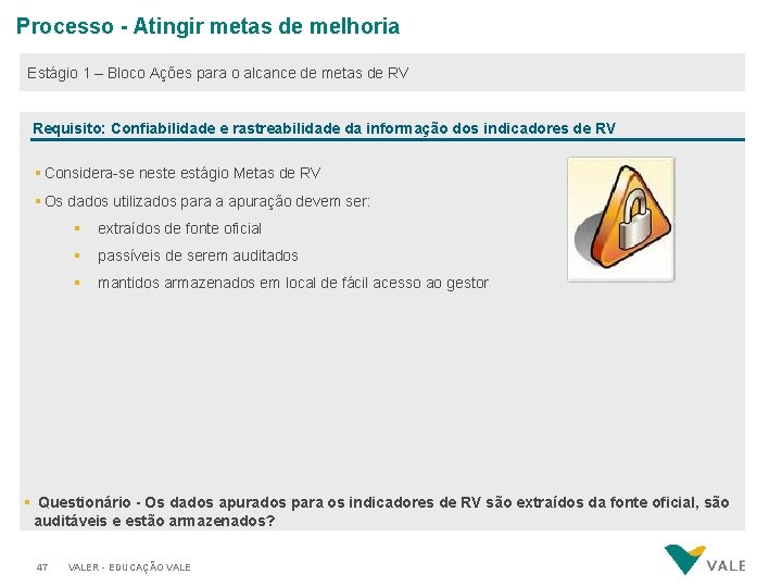 Processo - Atingir metas de melhoria Estágio 1 – Bloco Ações para o alcance