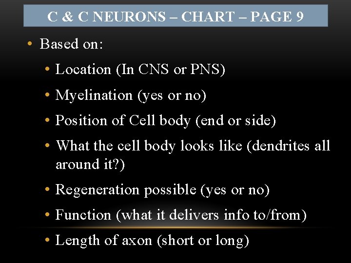 C & C NEURONS – CHART – PAGE 9 • Based on: • Location