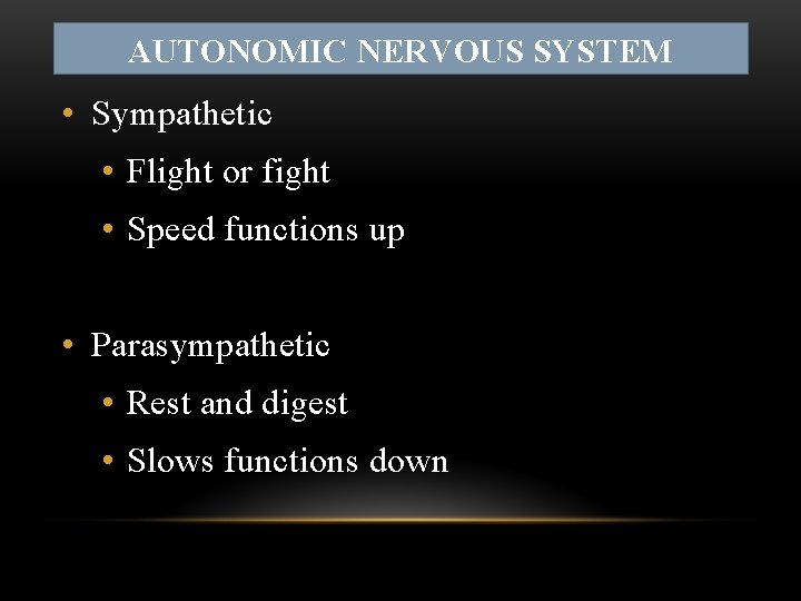 AUTONOMIC NERVOUS SYSTEM • Sympathetic • Flight or fight • Speed functions up •