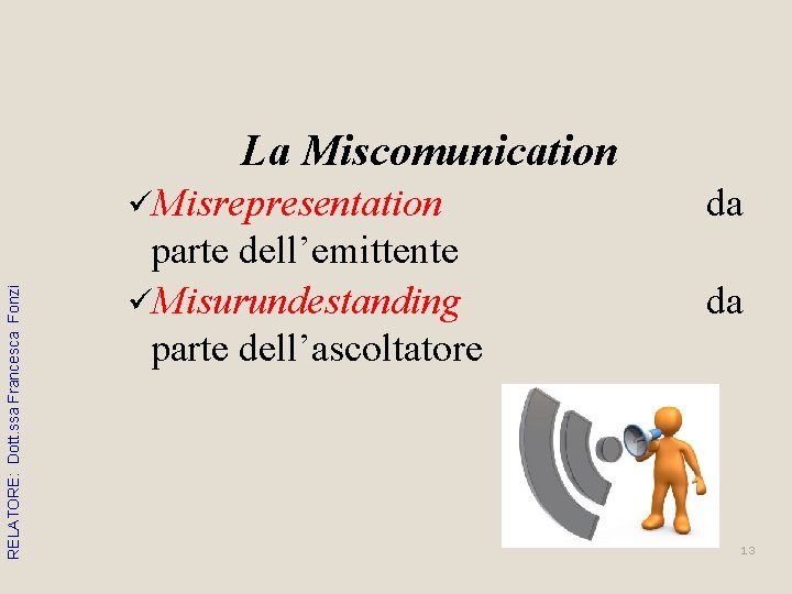 RELATORE: Dott. ssa Francesca Fonzi La Miscomunication üMisrepresentation da parte dell’emittente üMisurundestanding parte dell’ascoltatore RELATORE: Dott. ssa Francesca Fonzi La Miscomunication üMisrepresentation da parte dell’emittente üMisurundestanding parte dell’ascoltatore
