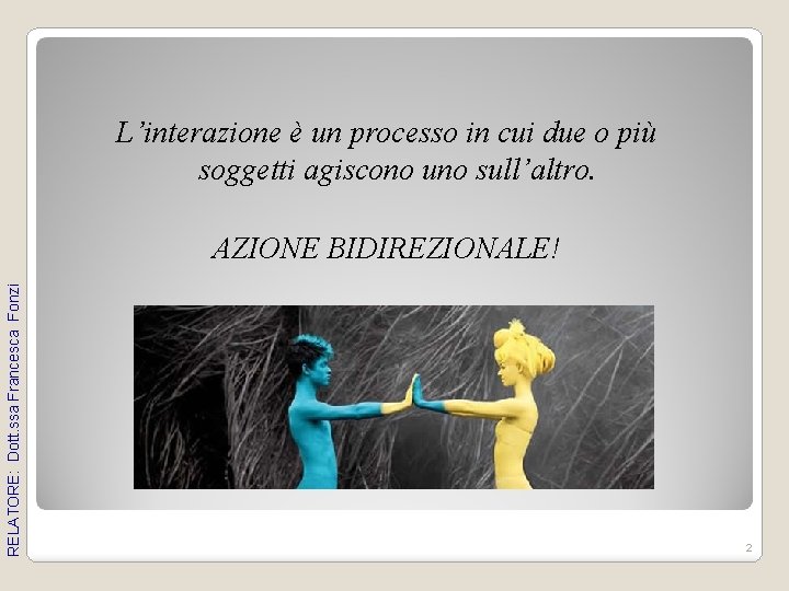 L’interazione è un processo in cui due o più soggetti agiscono uno sull’altro. RELATORE: L’interazione è un processo in cui due o più soggetti agiscono uno sull’altro. RELATORE: