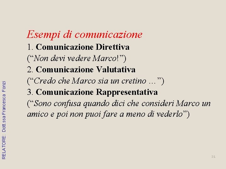 RELATORE: Dott. ssa Francesca Fonzi Esempi di comunicazione 1. Comunicazione Direttiva (“Non devi vedere RELATORE: Dott. ssa Francesca Fonzi Esempi di comunicazione 1. Comunicazione Direttiva (“Non devi vedere