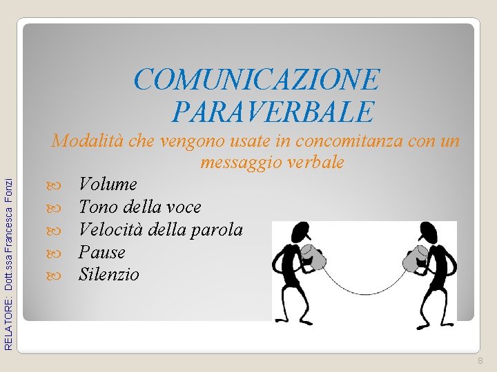 RELATORE: Dott. ssa Francesca Fonzi COMUNICAZIONE PARAVERBALE Modalità che vengono usate in concomitanza con RELATORE: Dott. ssa Francesca Fonzi COMUNICAZIONE PARAVERBALE Modalità che vengono usate in concomitanza con