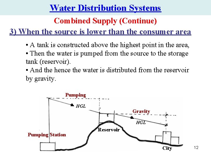 Water Distribution Systems Combined Supply (Continue) 3) When the source is lower than the Water Distribution Systems Combined Supply (Continue) 3) When the source is lower than the