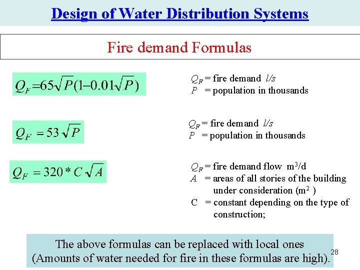 Design of Water Distribution Systems Fire demand Formulas QF = fire demand l/s P Design of Water Distribution Systems Fire demand Formulas QF = fire demand l/s P