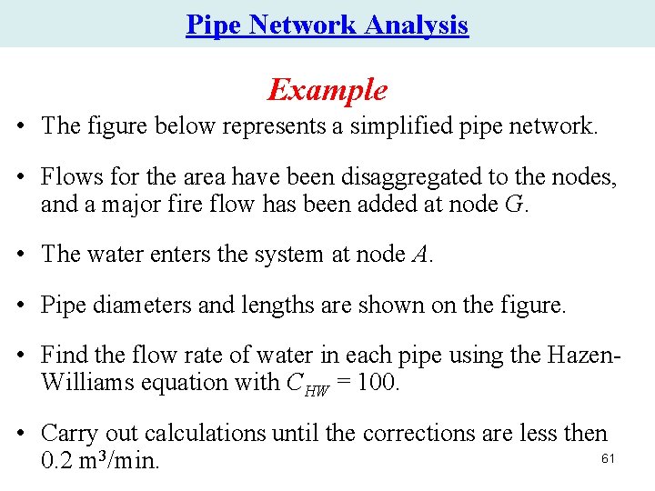 Pipe Network Analysis Example • The figure below represents a simplified pipe network. • Pipe Network Analysis Example • The figure below represents a simplified pipe network. •