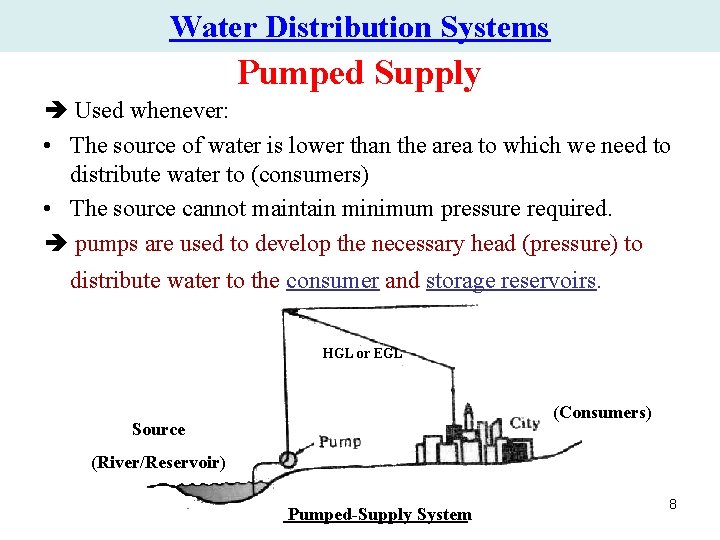 Water Distribution Systems Pumped Supply Used whenever: • The source of water is lower Water Distribution Systems Pumped Supply Used whenever: • The source of water is lower