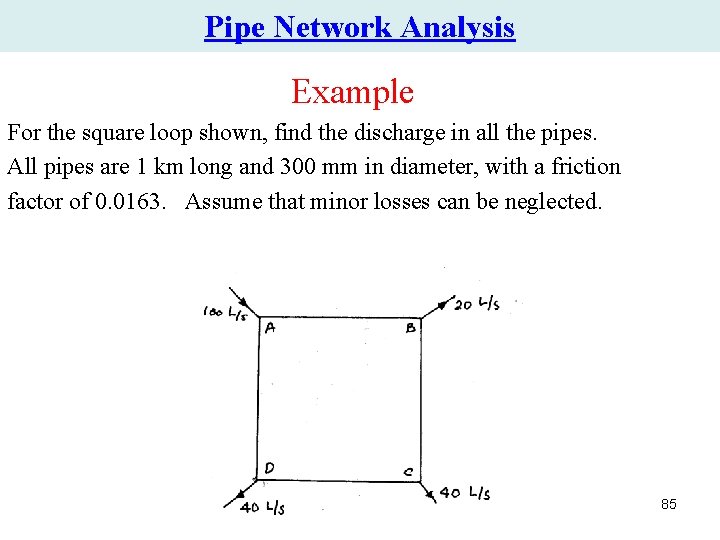 Pipe Network Analysis Example For the square loop shown, find the discharge in all Pipe Network Analysis Example For the square loop shown, find the discharge in all