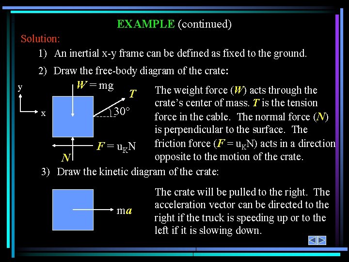 EXAMPLE (continued) Solution: 1) An inertial x-y frame can be defined as fixed to