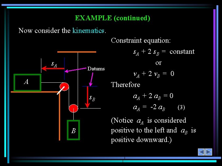 EXAMPLE (continued) Now consider the kinematics. Constraint equation: s. A Datums A s. B