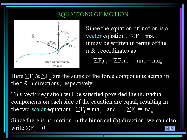 EQUATIONS OF MOTION Since the equation of motion is a vector equation , F