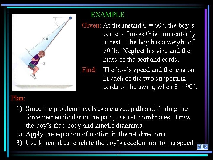 EXAMPLE Given: At the instant q = 60°, the boy’s center of mass G