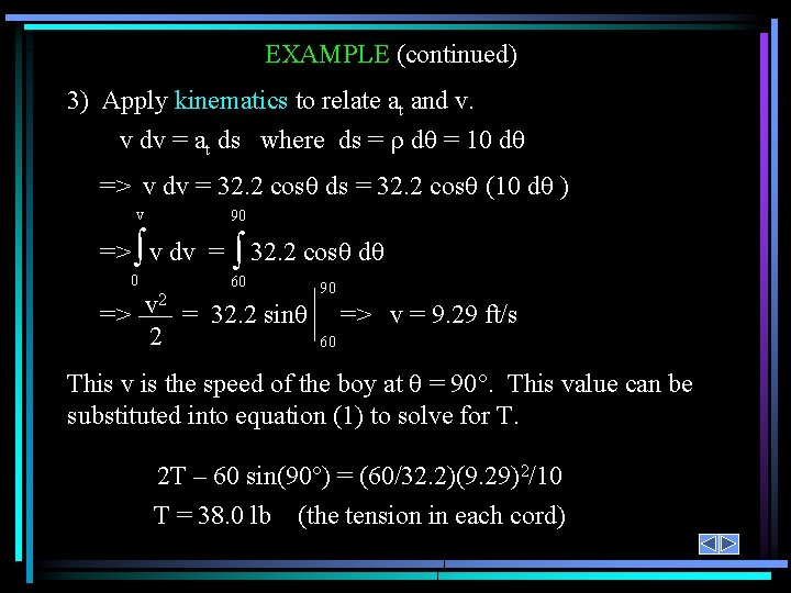 EXAMPLE (continued) 3) Apply kinematics to relate at and v. v dv = at