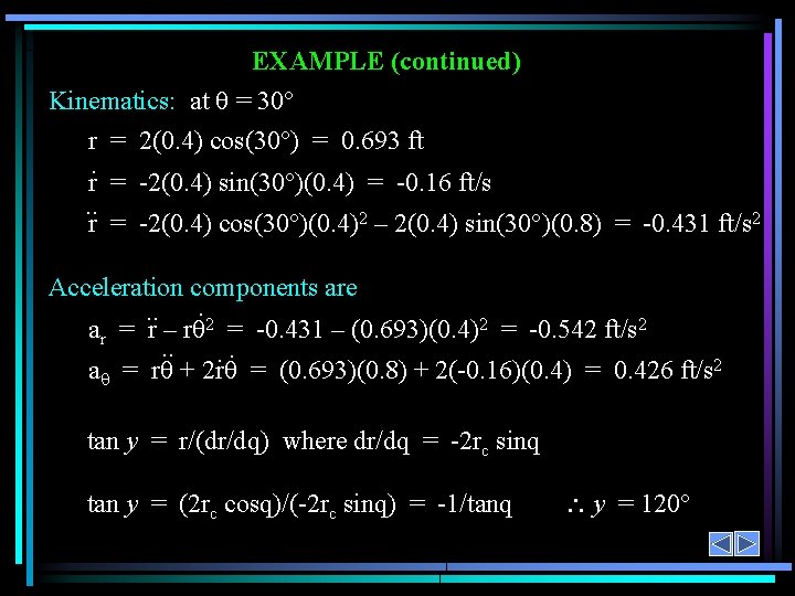 EXAMPLE (continued) Kinematics: at q = 30 r = 2(0. 4) cos(30 ) =