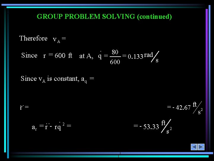 GROUP PROBLEM SOLVING (continued) Therefore v A = Since r = 600 ft ·