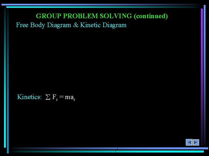 GROUP PROBLEM SOLVING (continued) Free Body Diagram & Kinetic Diagram Kinetics: Fr = mar