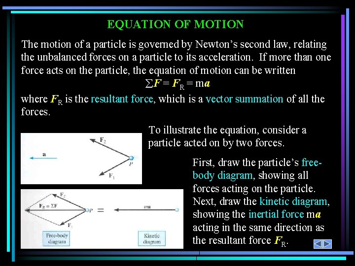 EQUATION OF MOTION The motion of a particle is governed by Newton’s second law,