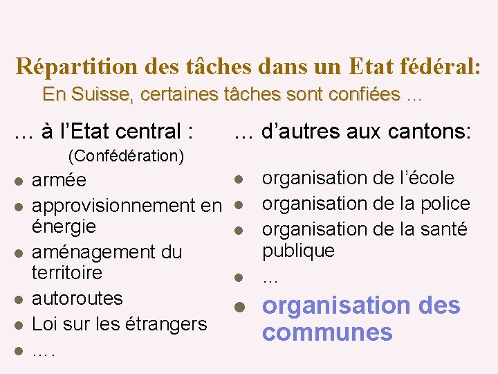 Répartition des tâches dans un Etat fédéral: En Suisse, certaines tâches sont confiées …