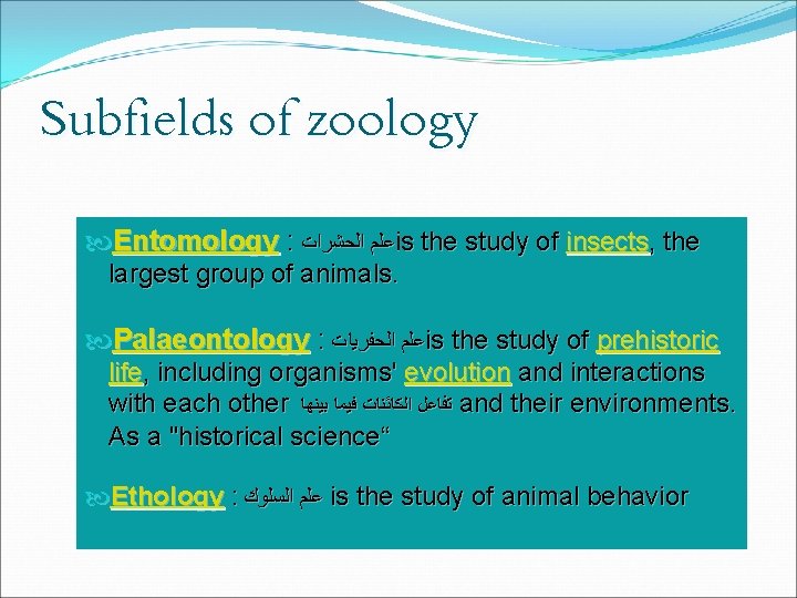 Subfields of zoology Entomology : ﻋﻠﻢ ﺍﻟﺤﺸﺮﺍﺕ is the study of insects, the largest