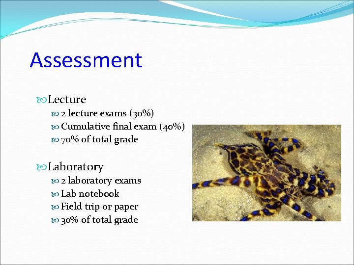 Assessment Lecture 2 lecture exams (30%) Cumulative final exam (40%) 70% of total grade