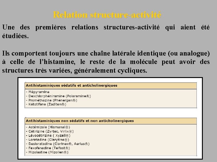 Relation structure-activité Une des premières relations structures-activité qui aient été étudiées. Ils comportent toujours