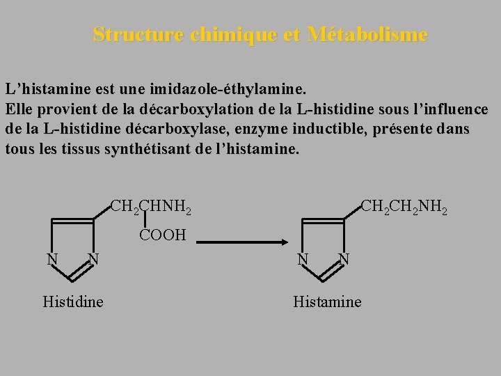 Structure chimique et Métabolisme L’histamine est une imidazole-éthylamine. Elle provient de la décarboxylation de