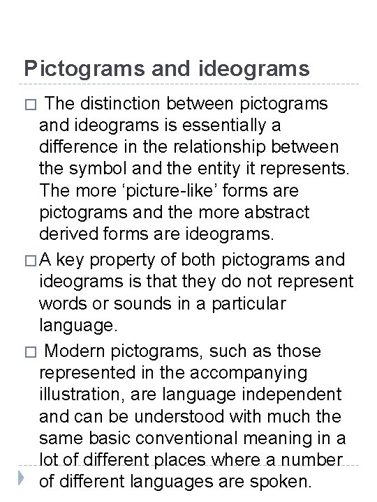 Pictograms and ideograms � The distinction between pictograms and ideograms is essentially a difference