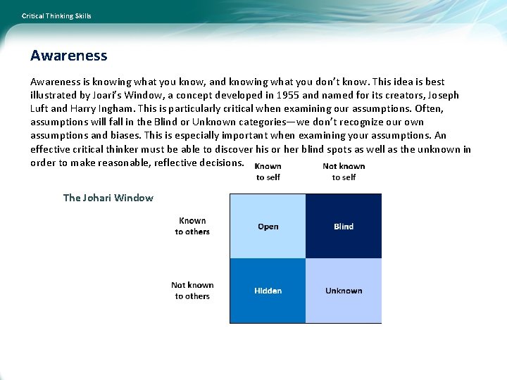 Critical Thinking Skills Awareness is knowing what you know, and knowing what you don’t