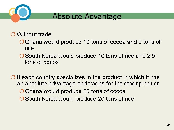 Absolute Advantage ¦ Without trade ¦Ghana would produce 10 tons of cocoa and 5