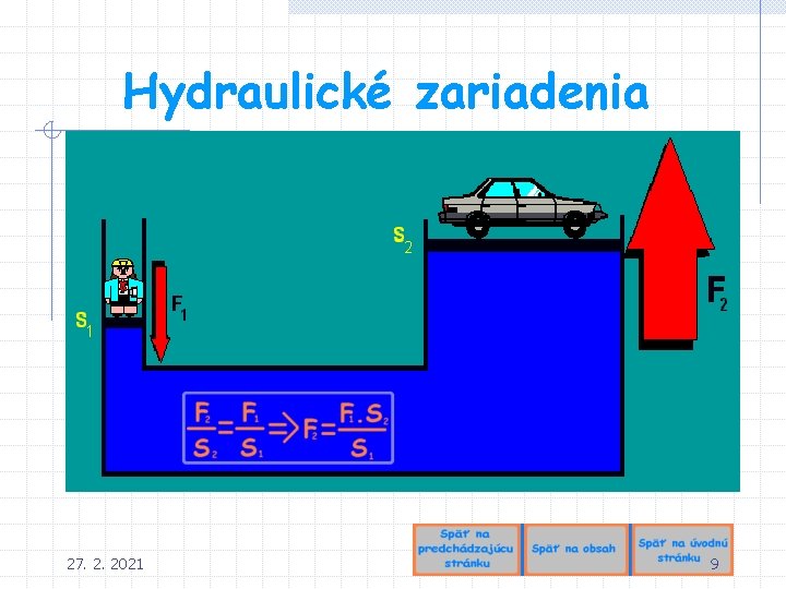Hydraulické zariadenia Hydraulické stroje využívajú jednak základné vlastnosti kvapaliny – stálosti jej objemu(nestlačiteľnosti), vďaka