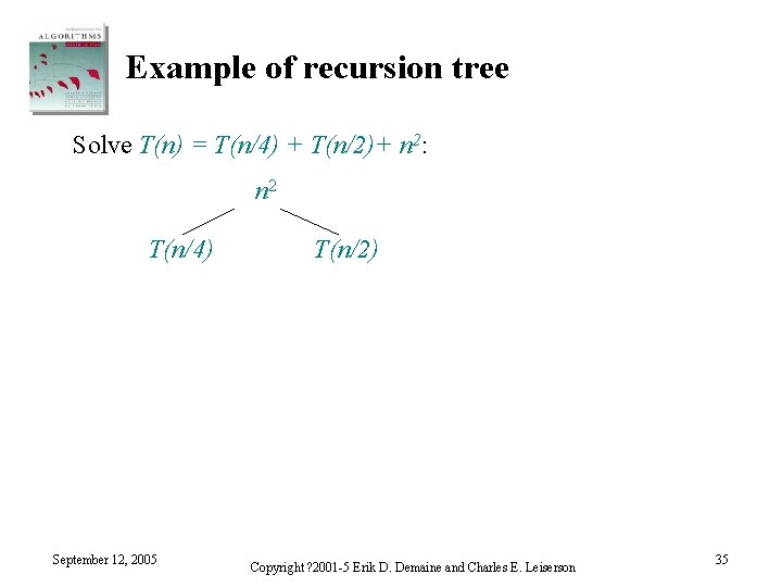 Example of recursion tree Solve T(n) = T(n/4) + T(n/2)+ n 2: n 2